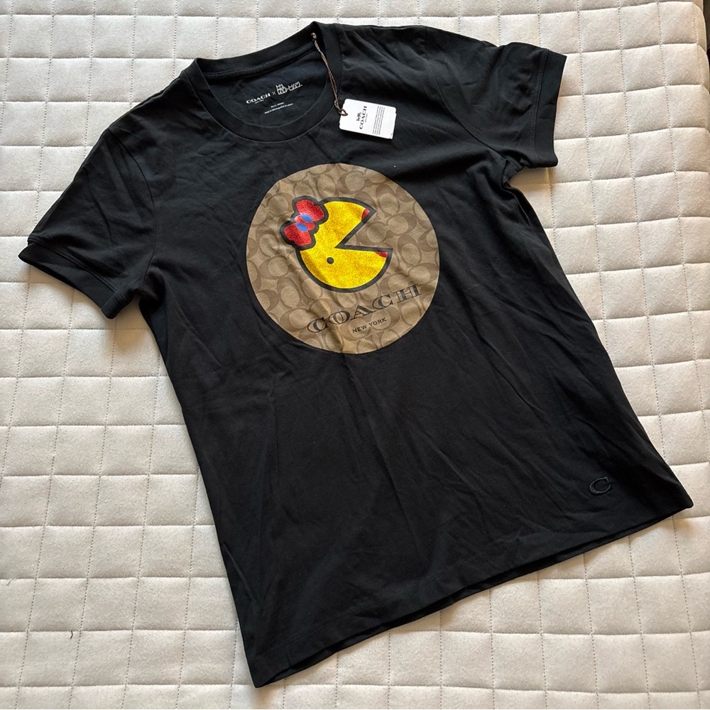 Coach Women’s Black Tee with Yellow Pac-Man Signature Design